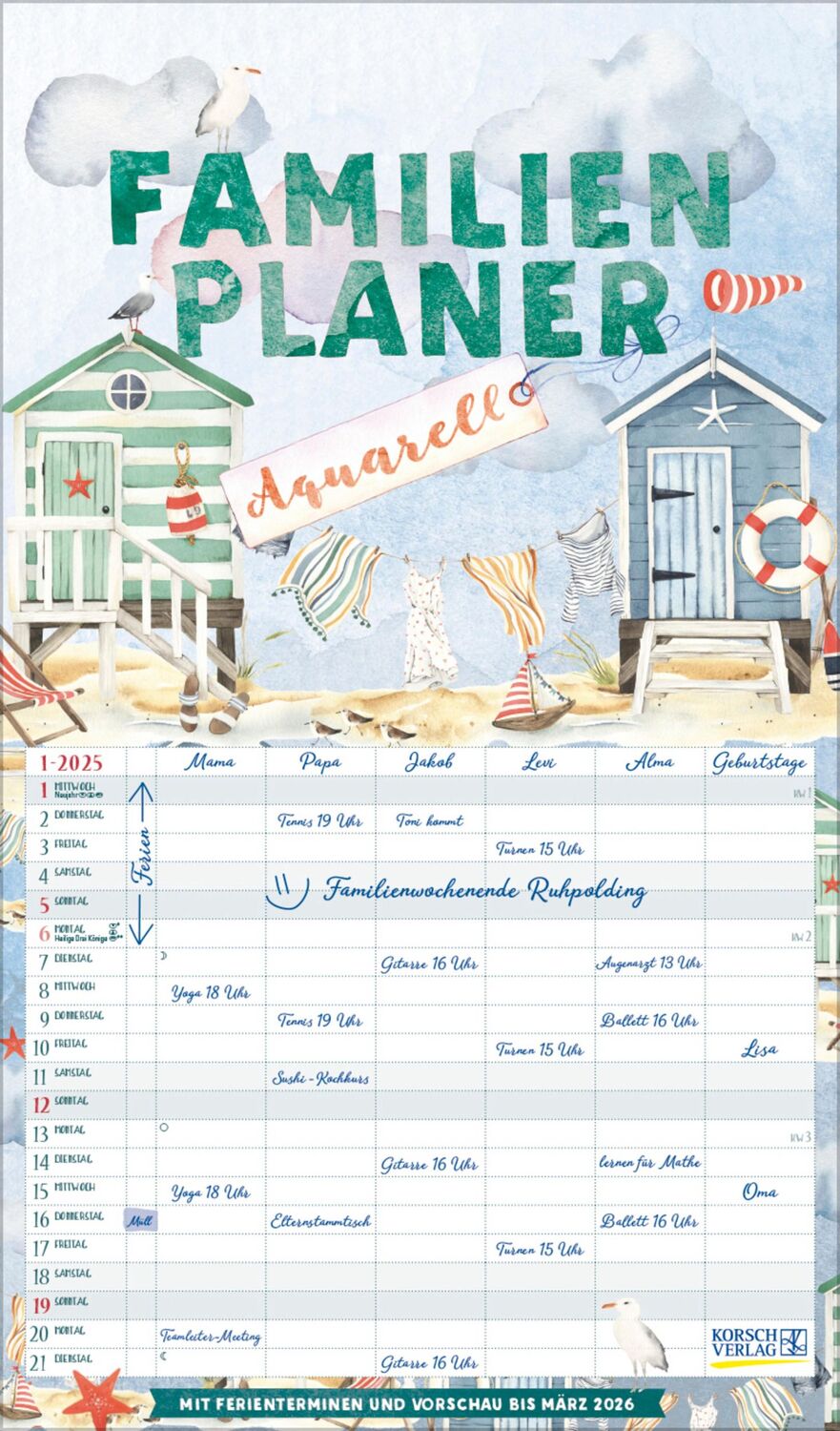 Cover: 9783731877127 | Familienplaner Aquarell 2025 | Verlag Korsch | Kalender | 14 S. | 2026