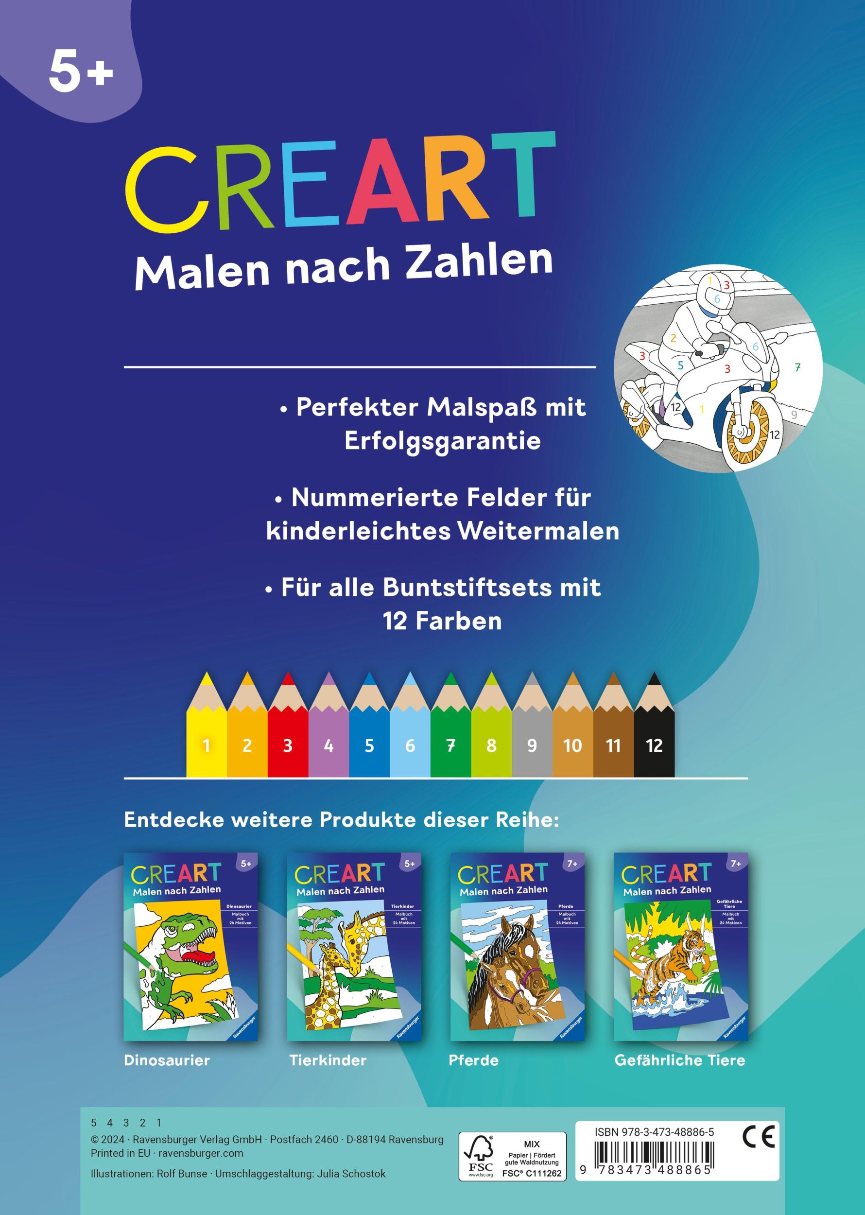 Rückseite: 9783473488865 | Ravensburger CreArt Malen nach Zahlen ab 5: Fahrzeuge, Malbuch, 24...