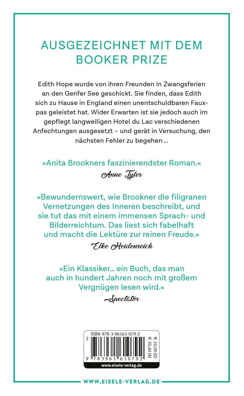 Rückseite: 9783961610792 | Hotel du Lac | Anita Brookner | Buch | 224 S. | Deutsch | 2020