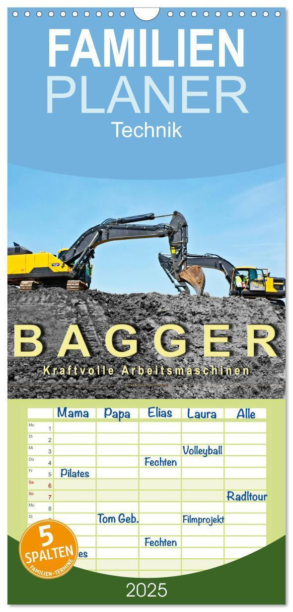 Cover: 9783457122020 | Familienplaner 2025 - Bagger - kraftvolle Arbeitsmaschinen mit 5...