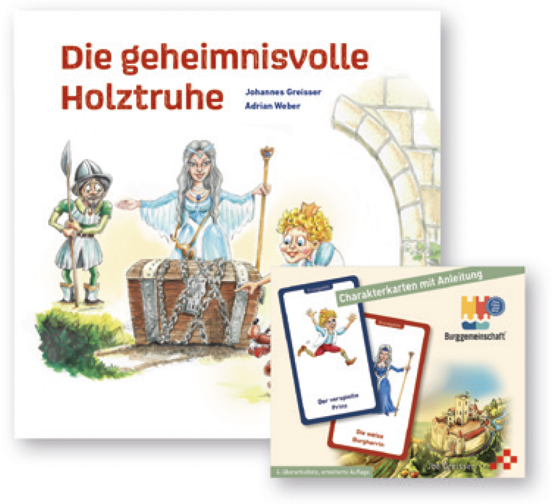 Cover: 9783855805778 | Buch 'Die geheimnisvolle Holztruhe' und Charakterkarten 'Die...