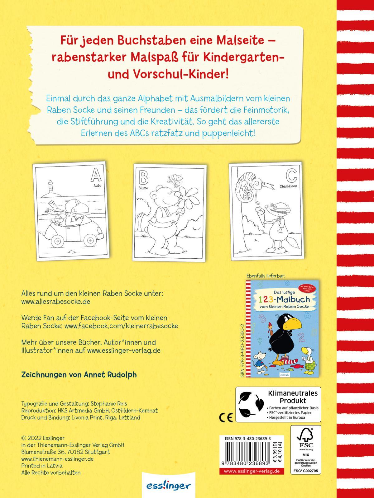 Rückseite: 9783480237616 | Der kleine Rabe Socke: Das lustige ABC-Malbuch vom kleinen Raben Socke