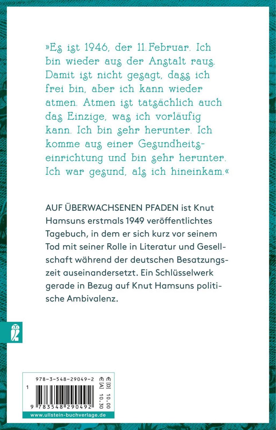 Rückseite: 9783548290492 | Auf überwachsenen Pfaden | Knut Hamsun | Taschenbuch | 208 S. | 2019