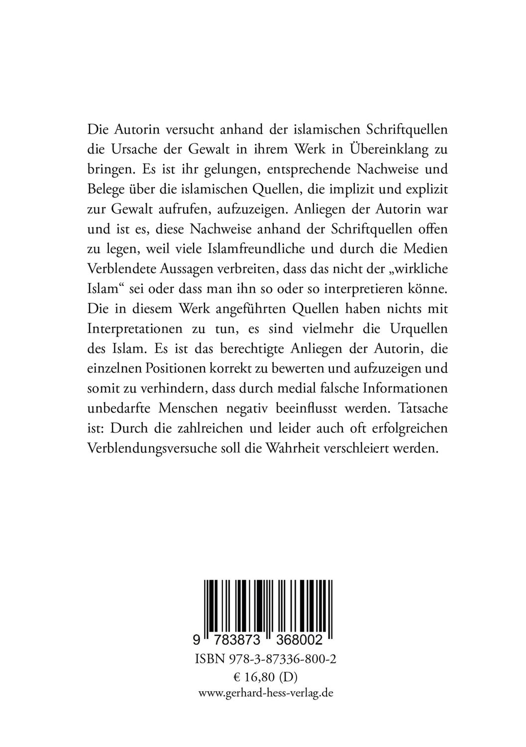 Rückseite: 9783873368002 | Die religiösen Schriftquellen des Islam | Grund und Wurzel der Gewalt