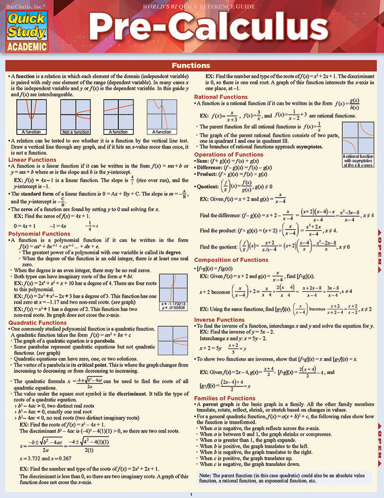 Cover: 9781423228158 | Pre-Calculus | a QuickStudy Reference Guide | Ken Yablonsky | Pamphlet