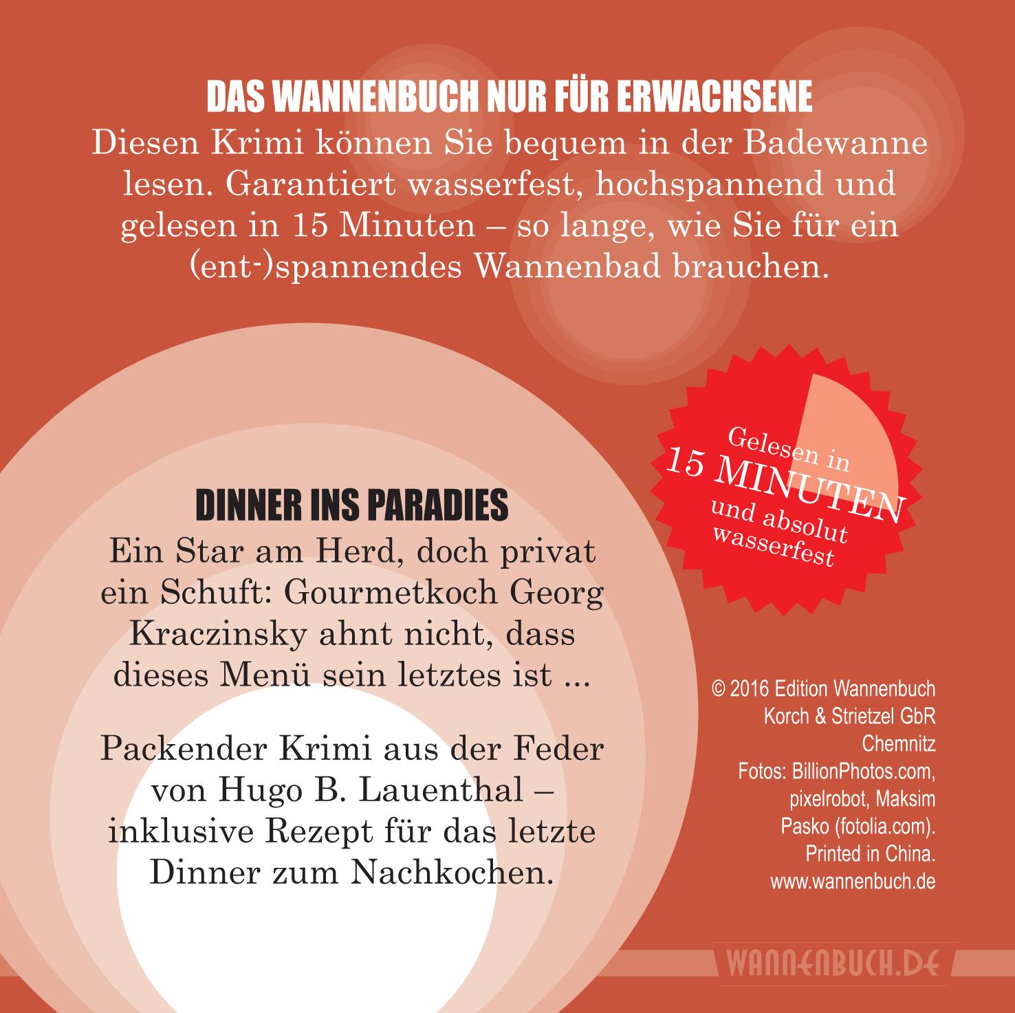 Rückseite: 9783981787016 | Dinner ins Paradies | Der Krimi für die Wanne (Badebuch) | Lauenthal