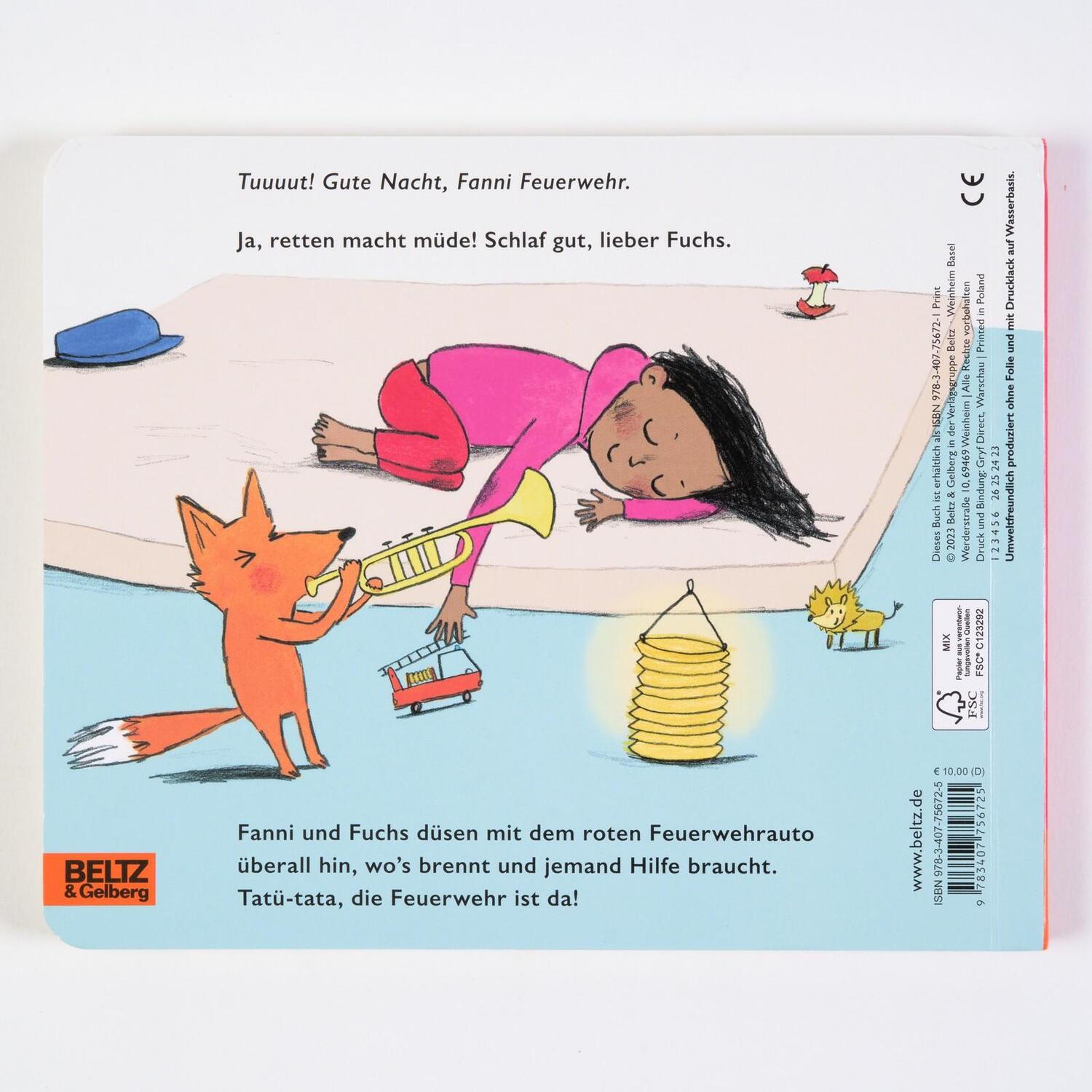 Rückseite: 9783407756725 | Fanni, Fuchs und Feuerwehr | Vierfarbiges Pappbilderbuch | Zedelius