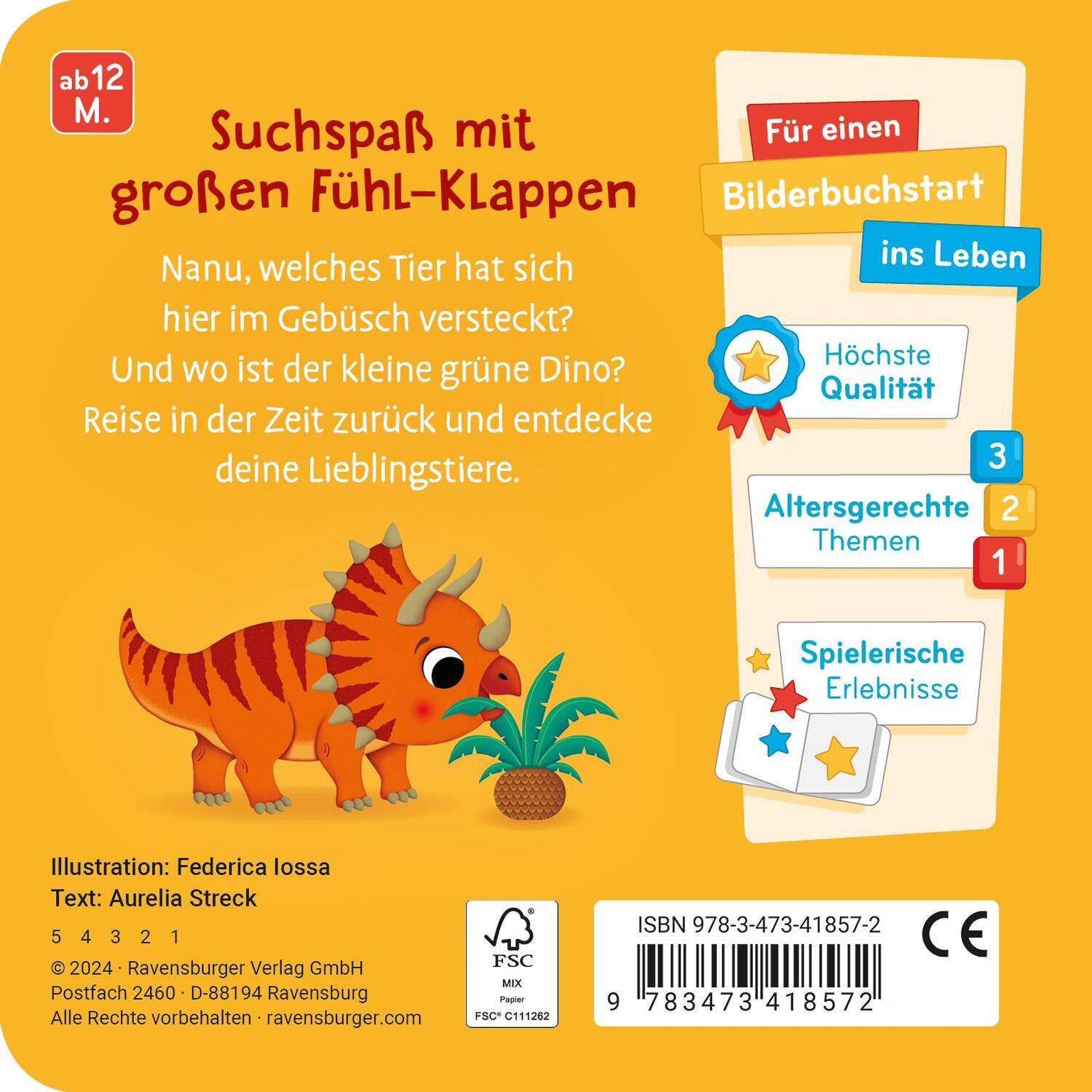 Rückseite: 9783473418572 | Wo bist du, kleiner Dino? | Mit großen Fühl-Klappen | Aurelia Streck