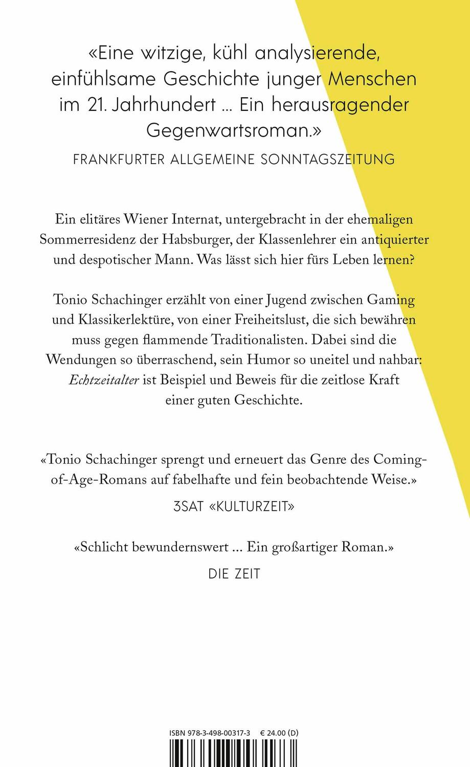 Rückseite: 9783498003173 | Echtzeitalter | Roman Deutscher Buchpreis 2023 | Tonio Schachinger