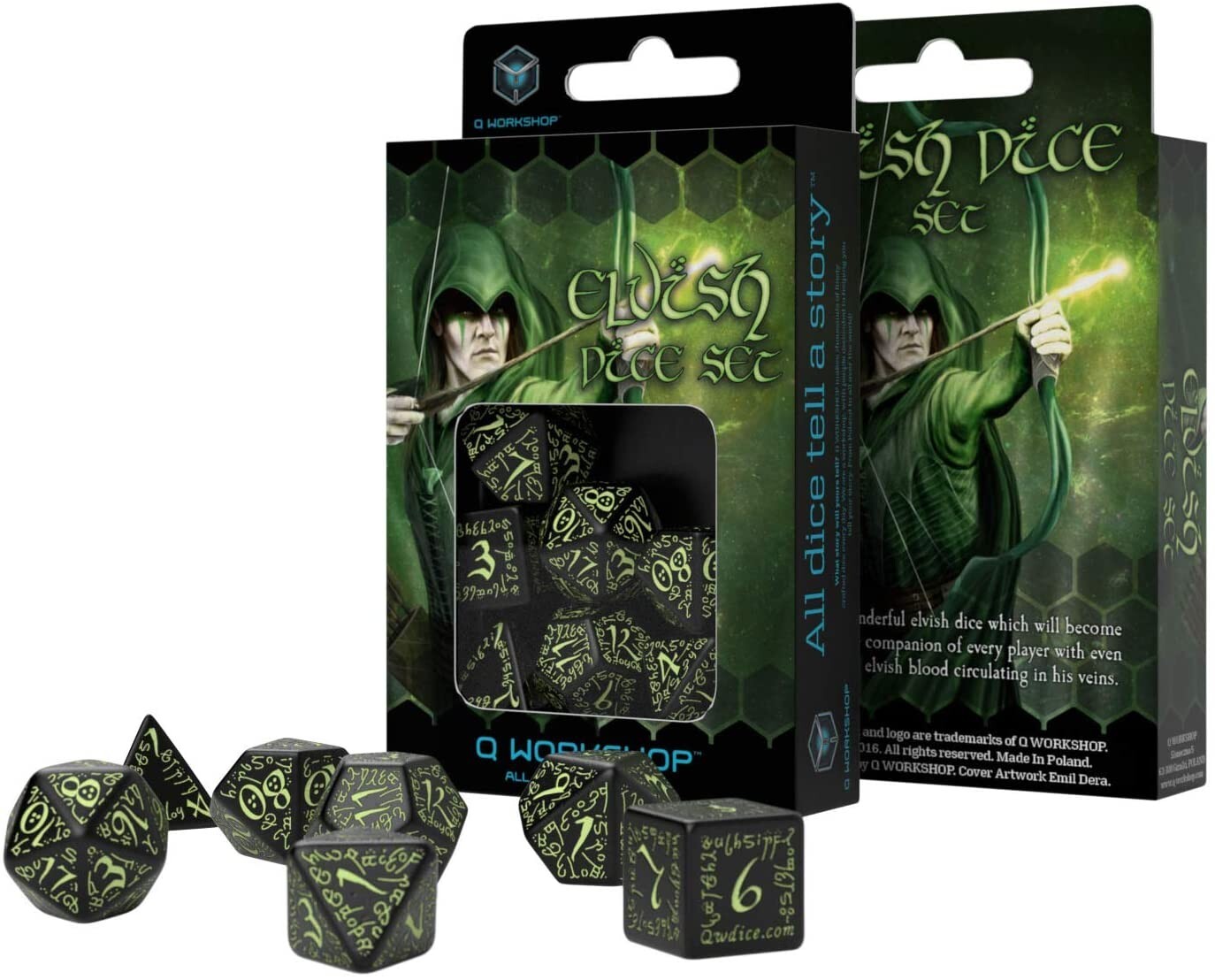 Cover: 5907814951830 | Elvish Black &amp; glow-in-the-dark Dice Set | Elven-Dice | QWOELV19