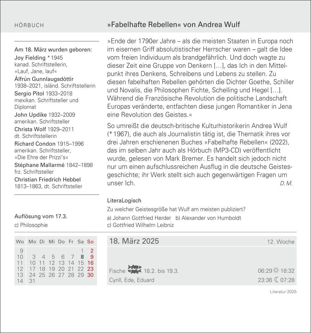 Bild: 9783840033308 | Literatur Tagesabreißkalender 2025 - Kulturkalender - Autoren,...