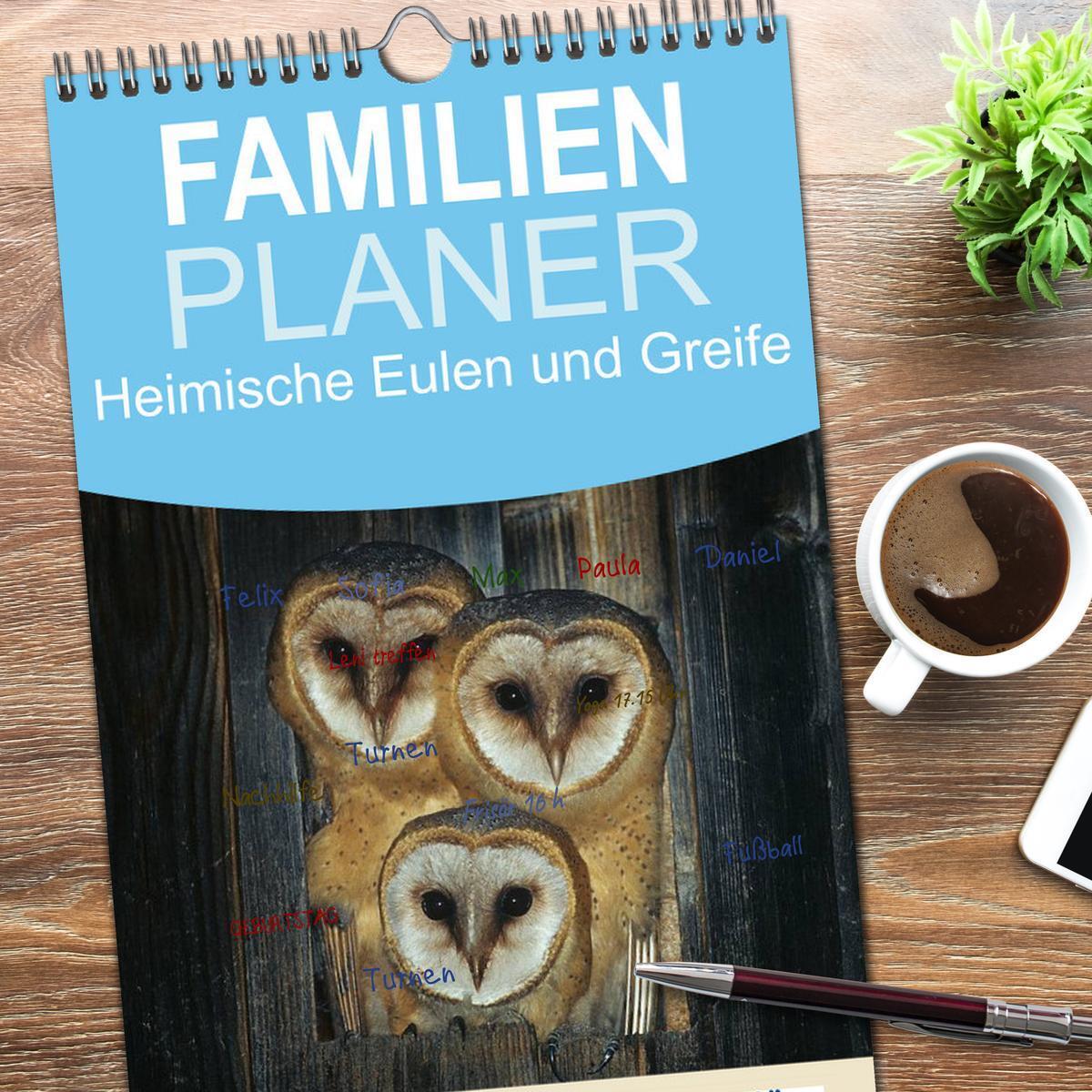 Bild: 9783457124147 | Familienplaner 2025 - Heimische Eulen und Greife mit 5 Spalten...