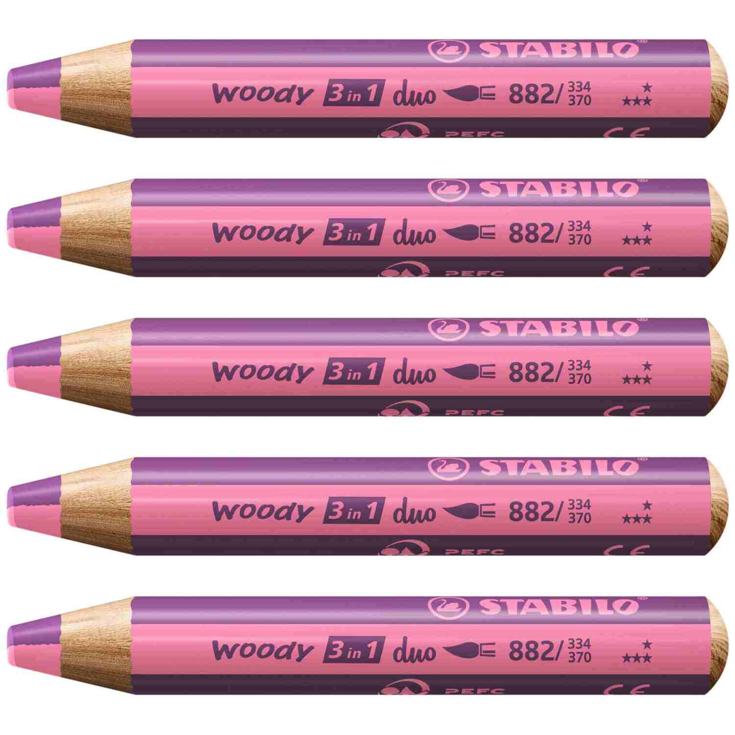 Cover: 4006381603812 | STABILO woody 3 in 1 duo - zweifarbige Mine, 5er Set pink/erika | 2023