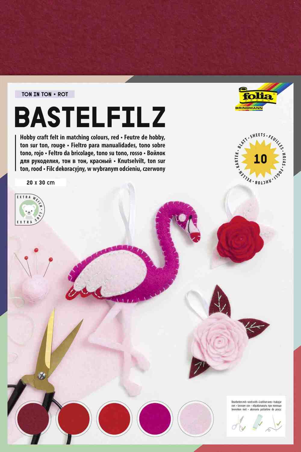 Cover: 4001868052114 | Folia Bastelfilz TON IN TON MIX, 150g/m², 20x30cm, 10 Blatt, rot