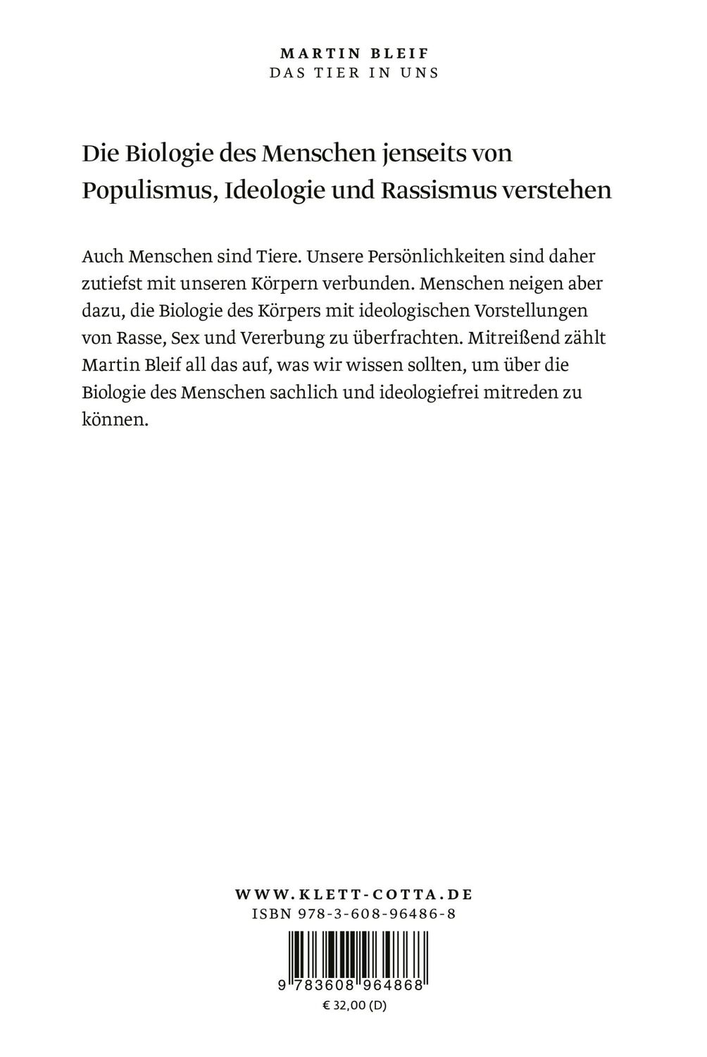 Rückseite: 9783608964868 | Das Tier in uns | Die biologischen Wurzeln der Menschlichkeit | Bleif