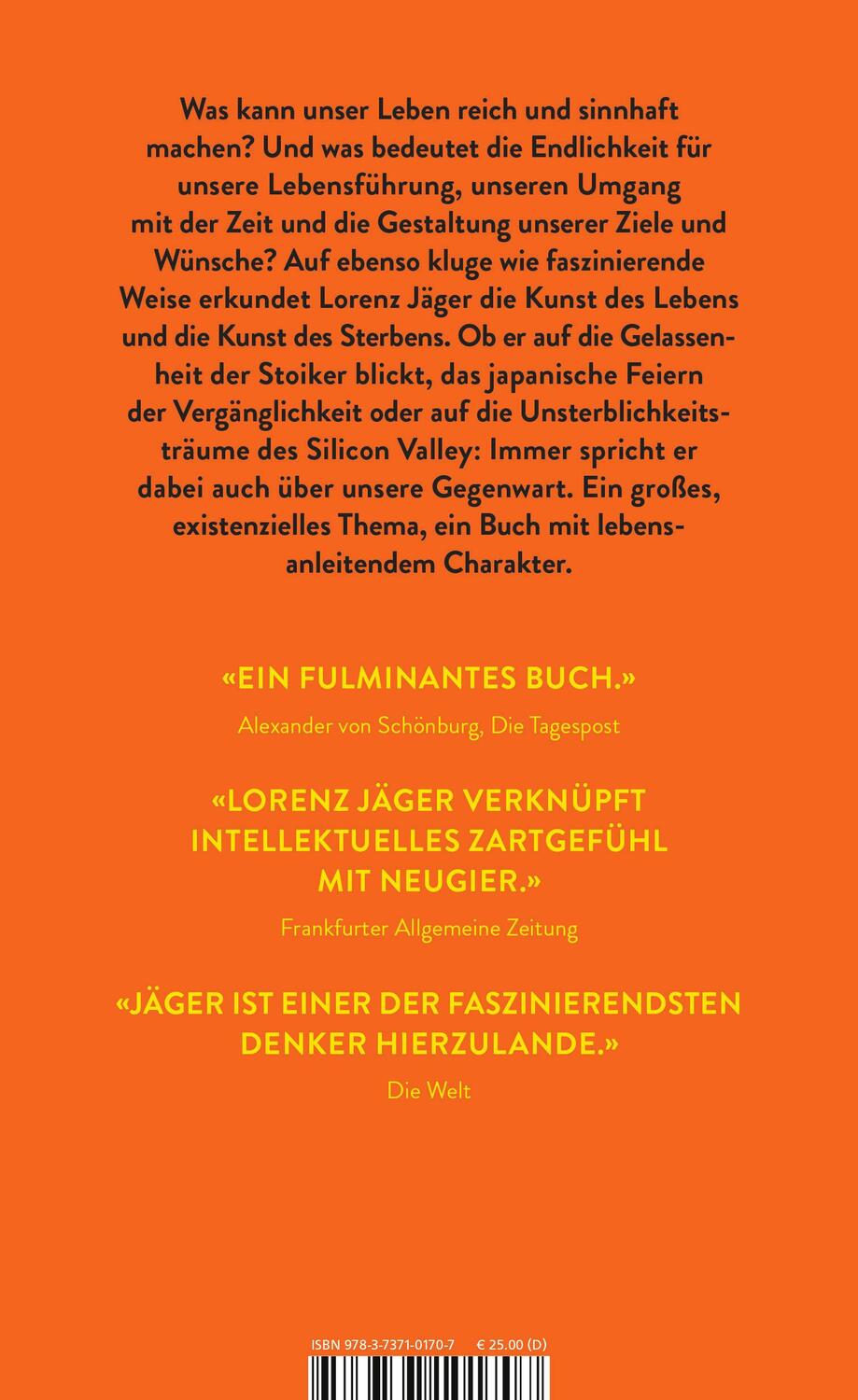 Rückseite: 9783737101707 | Die Kunst des Lebens, die Kunst des Sterbens | Lorenz Jäger | Buch