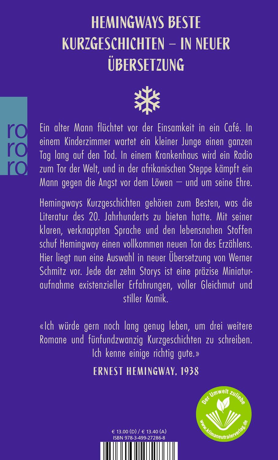 Rückseite: 9783499272868 | Schnee auf dem Kilimandscharo | Ernest Hemingway | Taschenbuch | 2016