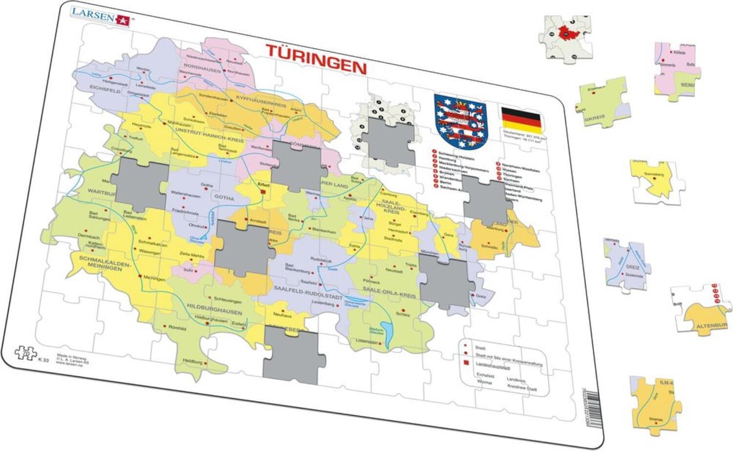 Cover: 7023850221336 | Puzzle - Thüringen (politisch) | Puzzle | Larsen | EAN 7023850221336