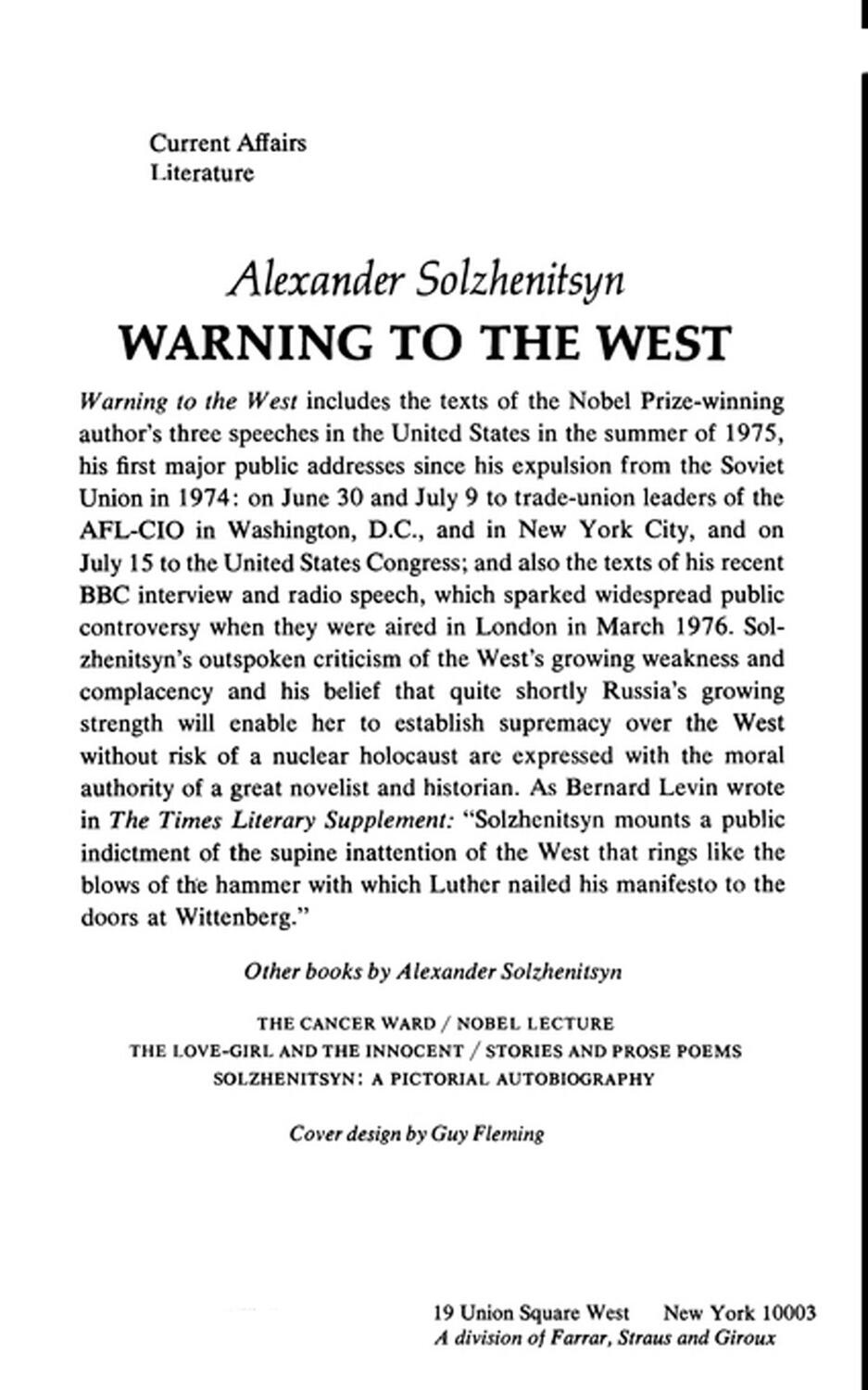 Rückseite: 9780374513344 | Warning to the West | Aleksandr Solzhenitsyn | Taschenbuch | Englisch