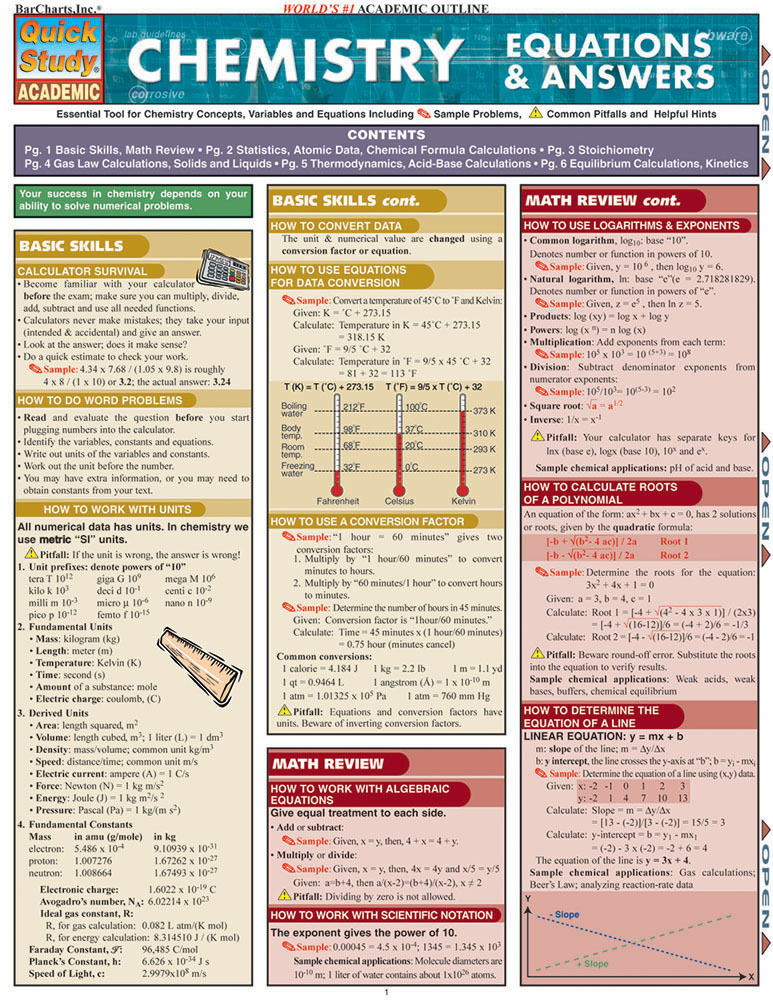 Cover: 9781423201892 | Chemistry Equations &amp; Answers | a QuickStudy Laminated Reference Guide