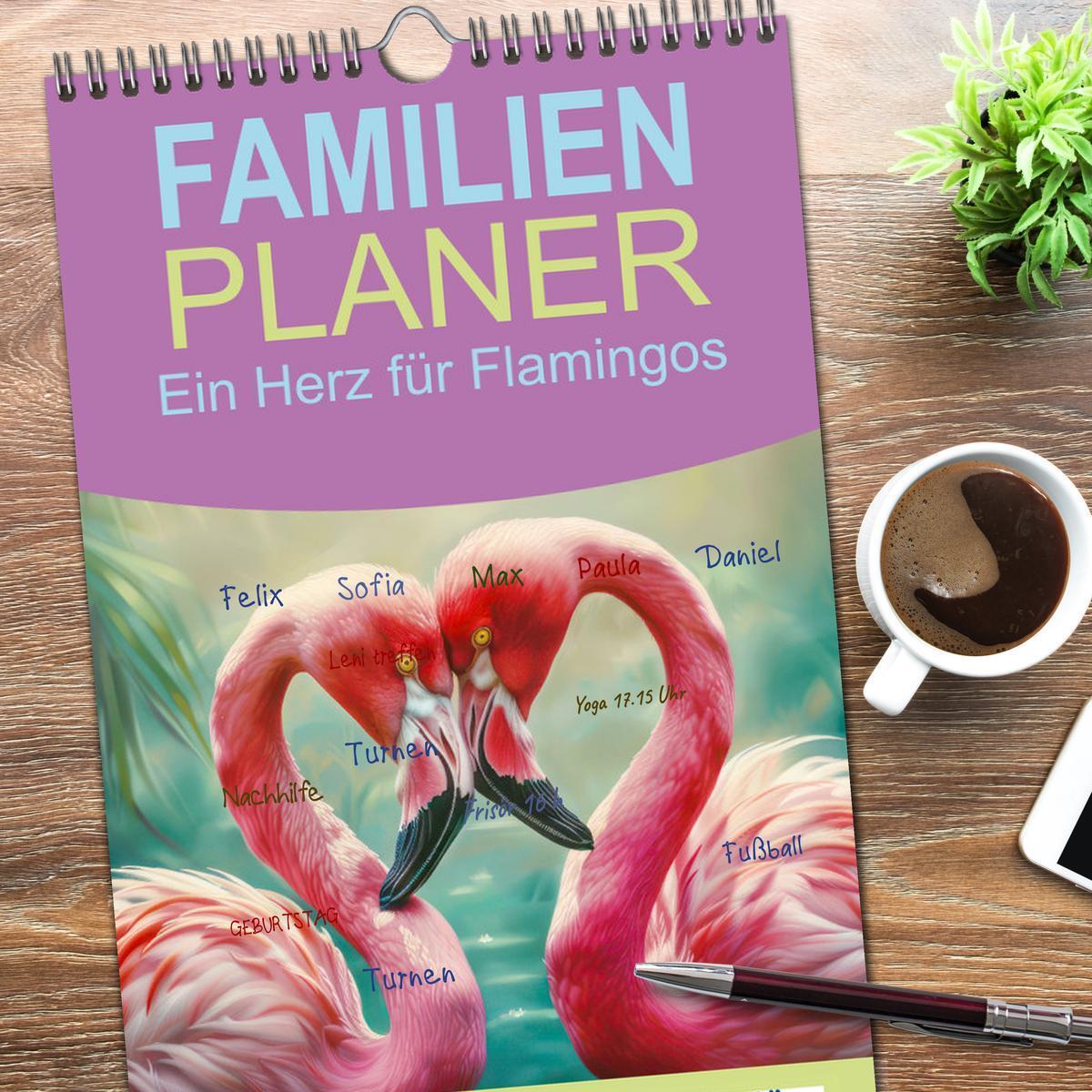 Bild: 9783457193020 | Familienplaner 2025 - Ein Herz für Flamingos mit 5 Spalten...