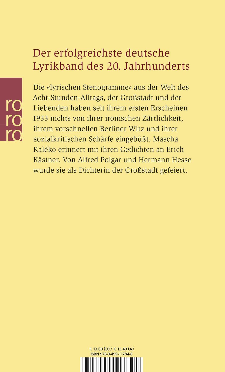 Rückseite: 9783499117848 | Das lyrische Stenogrammheft. Kleines Lesebuch für Große | Kaleko