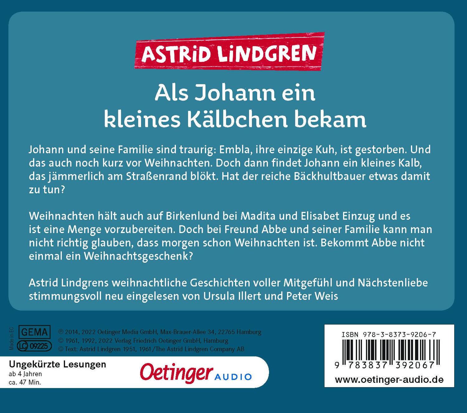 Rückseite: 9783837392067 | Als Johann ein kleines Kälbchen bekam | Astrid Lindgren | Audio-CD