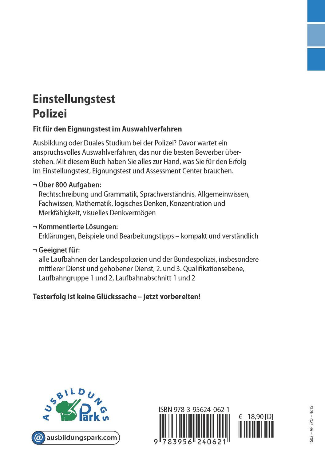 Rückseite: 9783956240621 | Einstellungstest Polizei | Kurt Guth (u. a.) | Taschenbuch | 322 S.