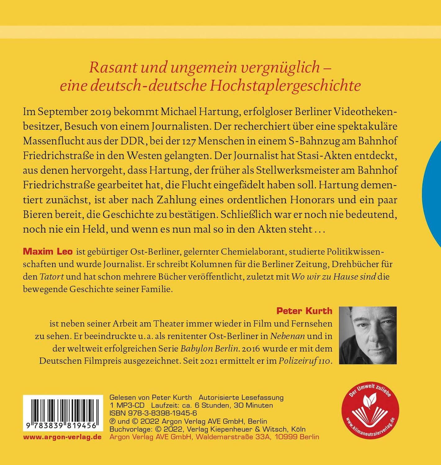 Rückseite: 9783839819456 | Der Held vom Bahnhof Friedrichstraße | Roman | Maxim Leo | MP3 | 2022