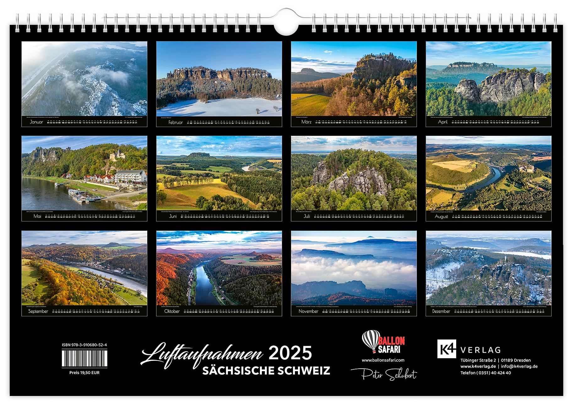 Bild: 9783910680524 | Kalender Sächsische Schweiz Luftaufnahmen 2025 | Peter Schubert | 2025