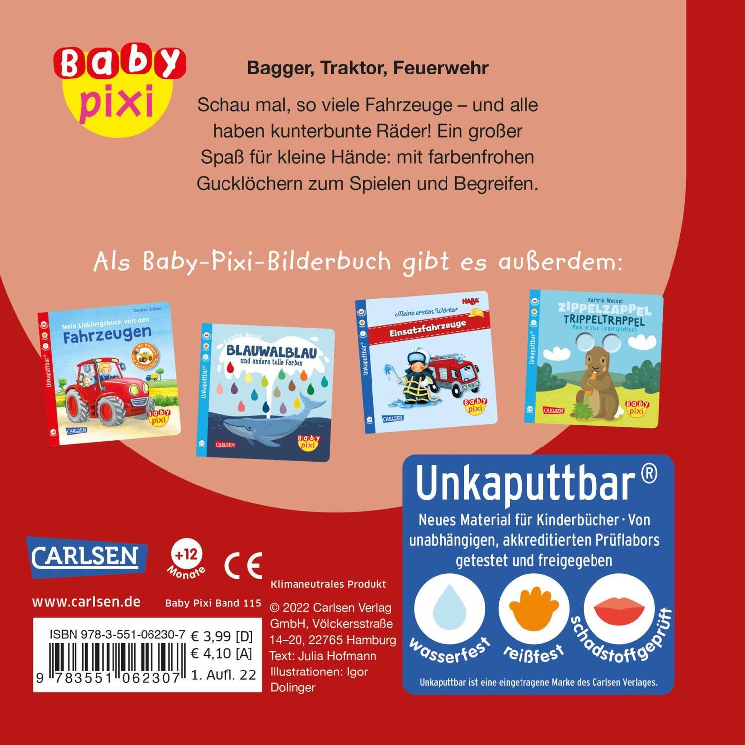 Rückseite: 9783551062307 | Baby Pixi (unkaputtbar) 115: Bagger, Traktor, Feuerwehr | Hofmann