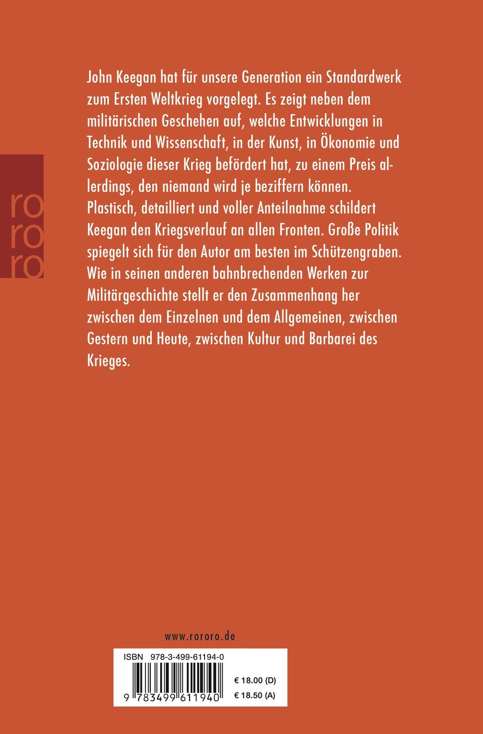 Rückseite: 9783499611940 | Der Erste Weltkrieg | Eine europäische Tragödie | John Keegan | Buch