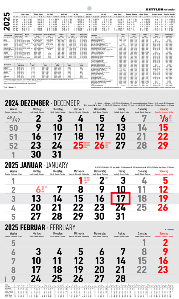 Cover: 4006928026081 | Zettler - 3-Monatskalender 2025, 30x48,8cm, Bürokalender mit...