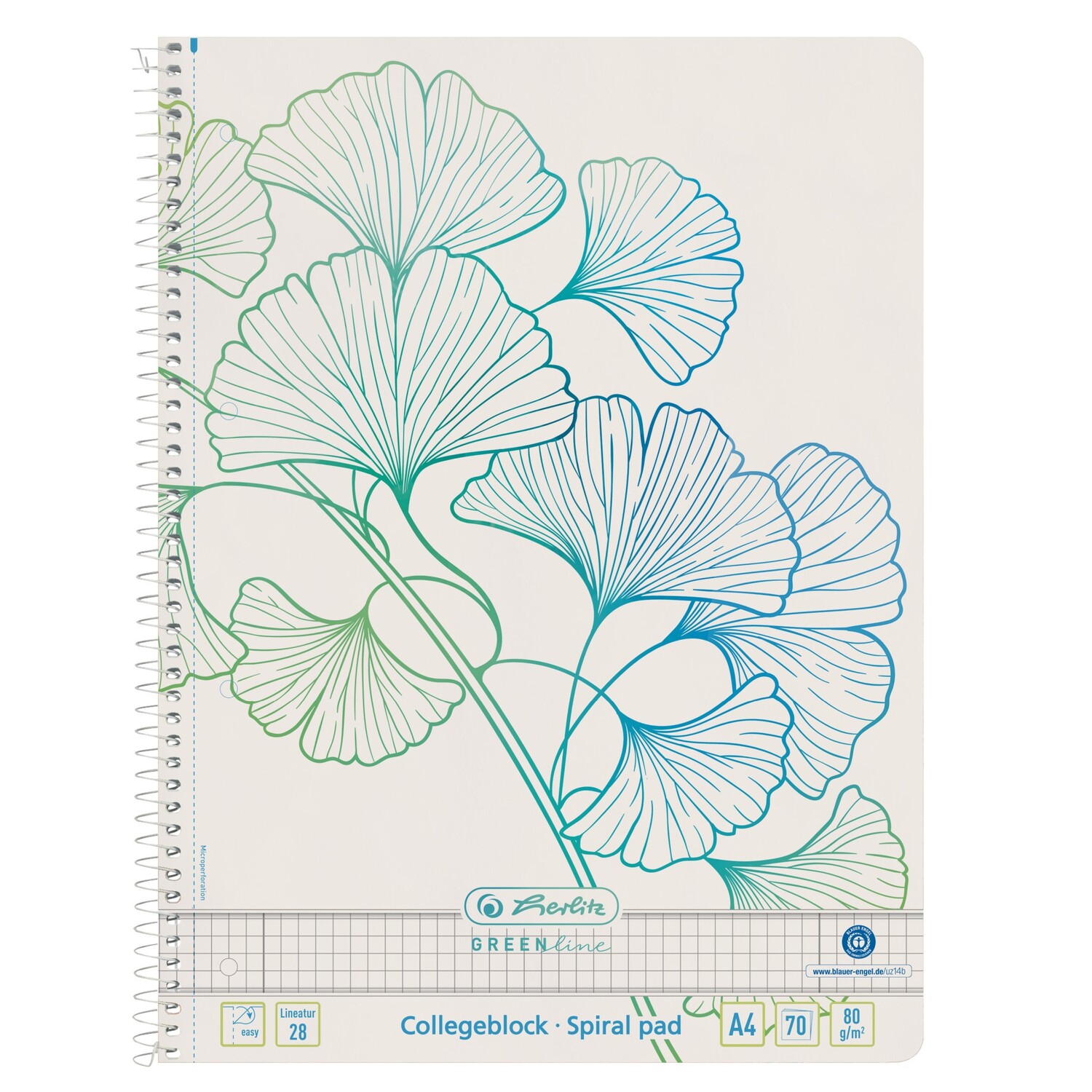 Cover: 4008110259444 | Herlitz Spiralblock A4 70 Blatt Lineatur 28 GREENline Ginkgo | 2020