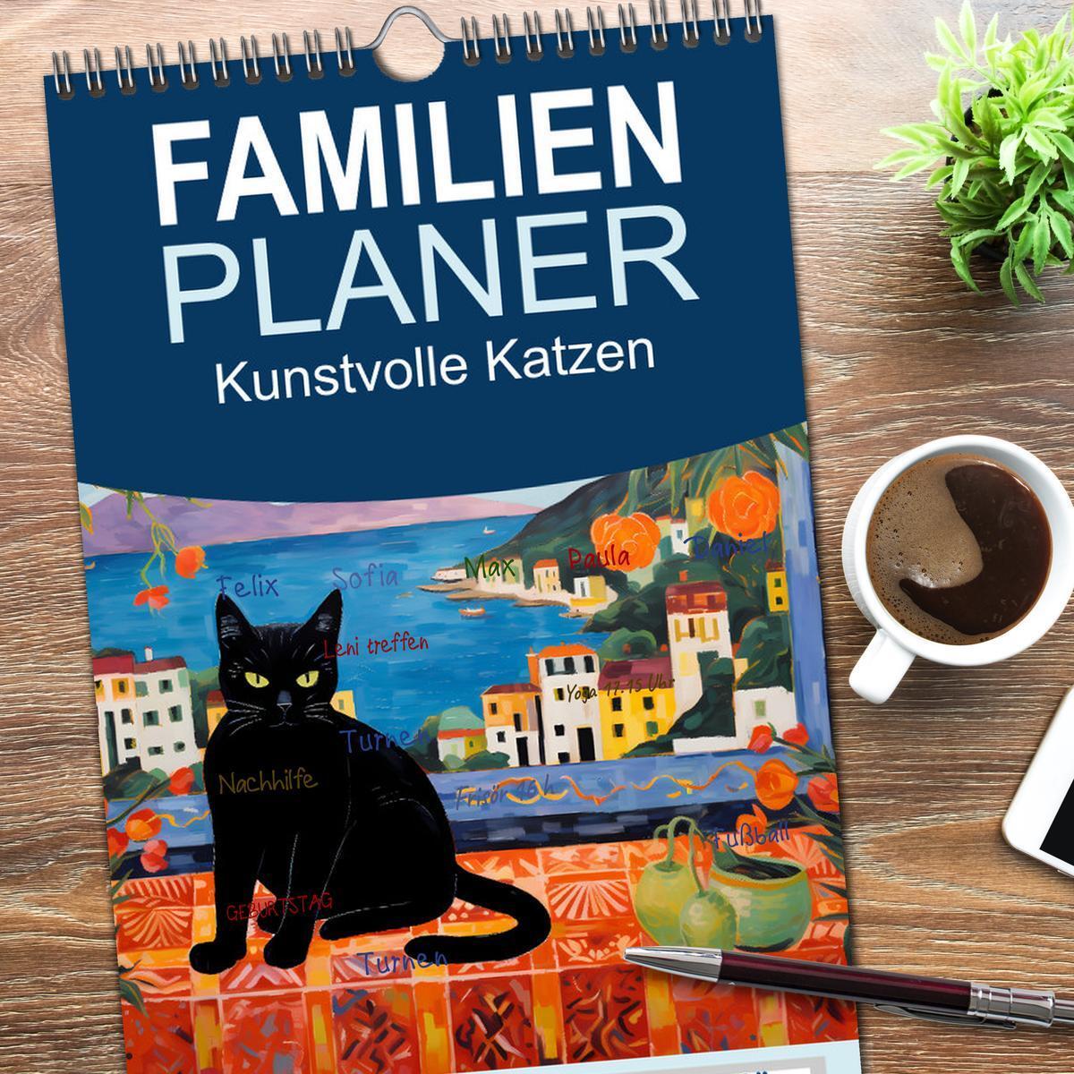 Bild: 9783457090794 | Familienplaner 2025 - Kunstvolle Katzen mit 5 Spalten...