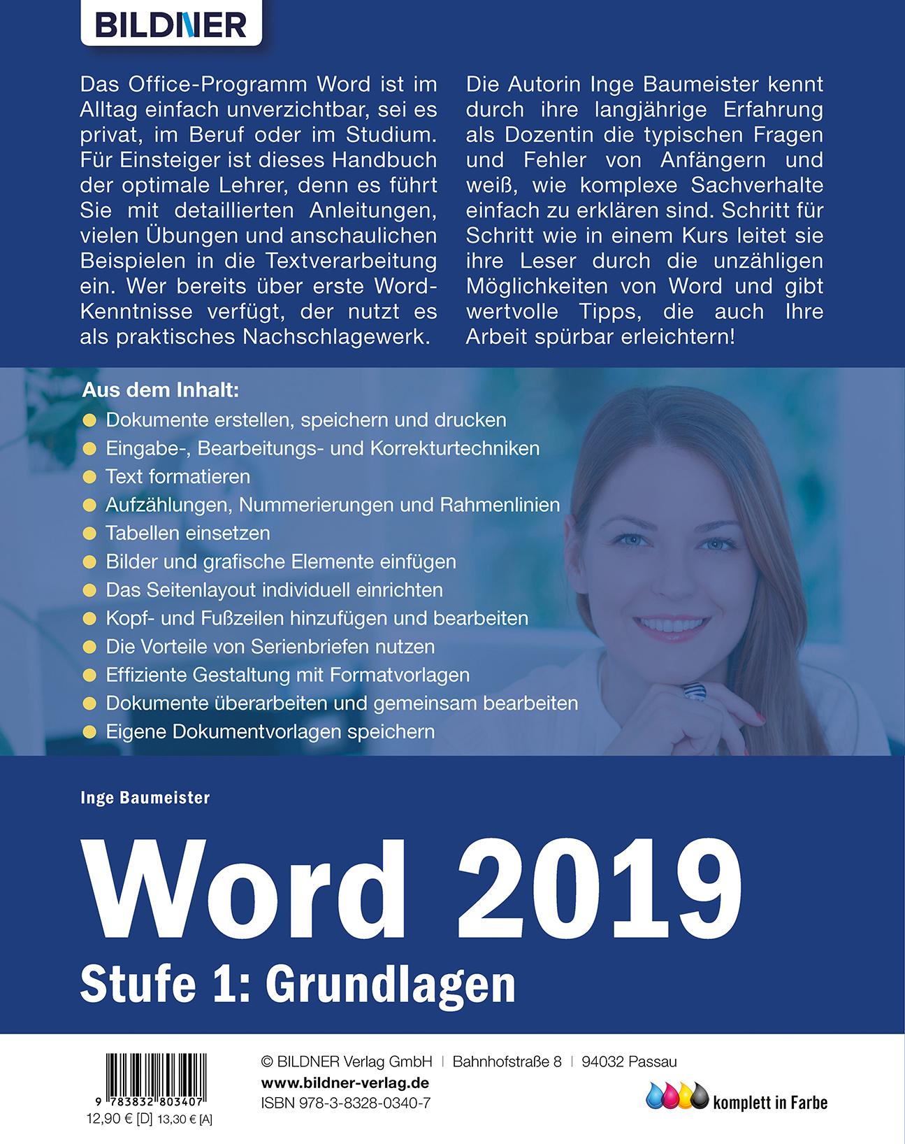 Rückseite: 9783832803407 | Word 2019 - Stufe 1: Grundlagen | Leicht verständlich. | Baumeister