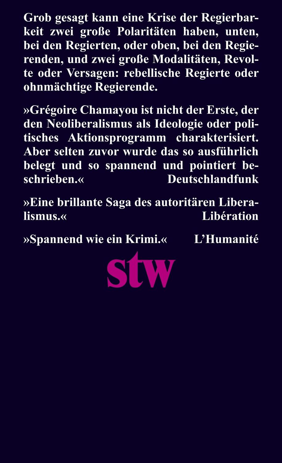 Rückseite: 9783518299982 | Die unregierbare Gesellschaft | Grégoire Chamayou | Taschenbuch | 2023