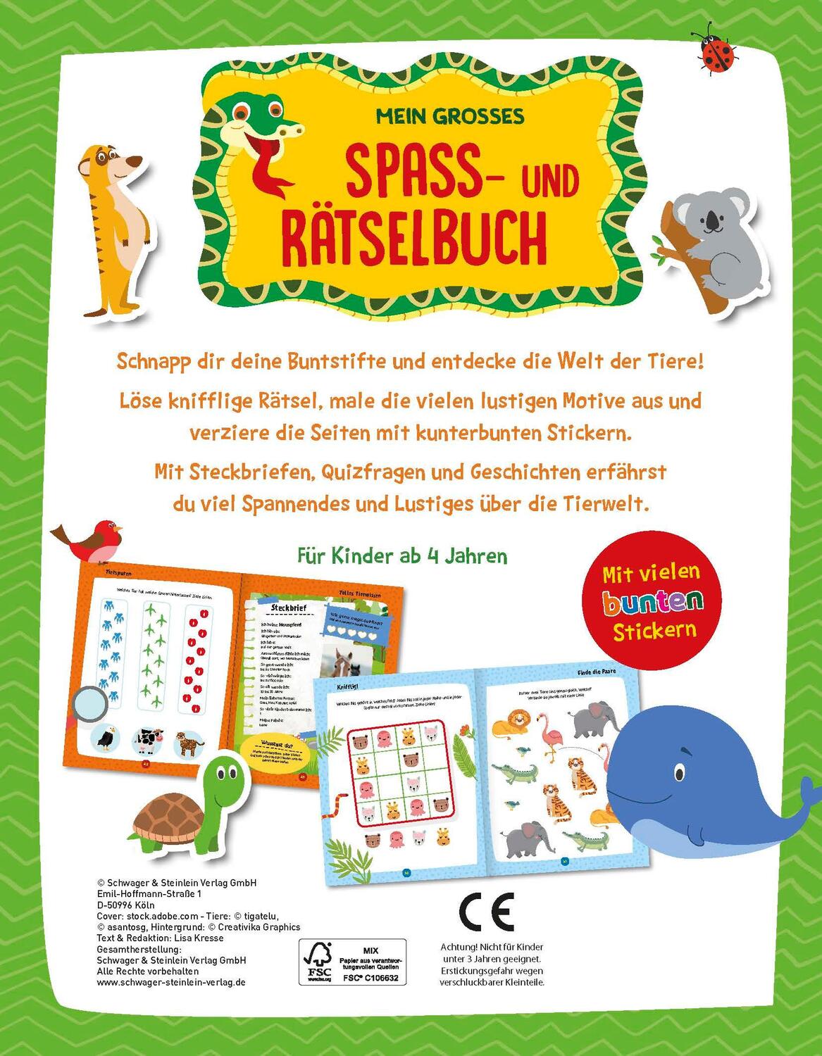 Rückseite: 9783849930943 | Mein großes Spaß- und Rätselbuch Tiere | Schwager &amp; Steinlein Verlag