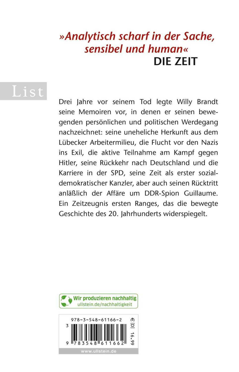 Rückseite: 9783548611662 | Erinnerungen | Willy Brandt | Taschenbuch | List bei Ullstein | 592 S.