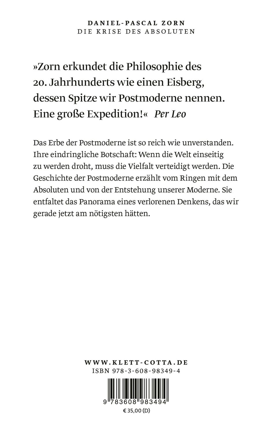 Rückseite: 9783608983494 | Die Krise des Absoluten | Was die Postmoderne hätte sein können | Zorn