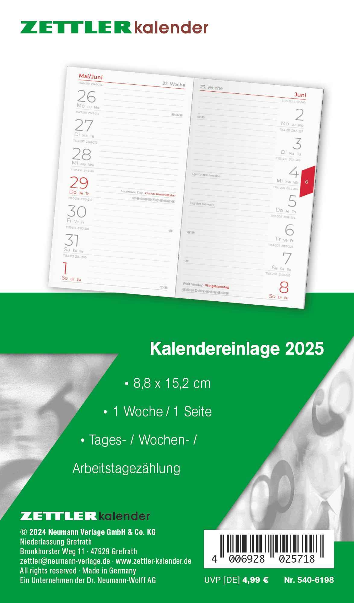 Cover: 4006928025718 | Kalender-Ersatzeinlage 2025 - für den Taschenplaner Typ 540 -...