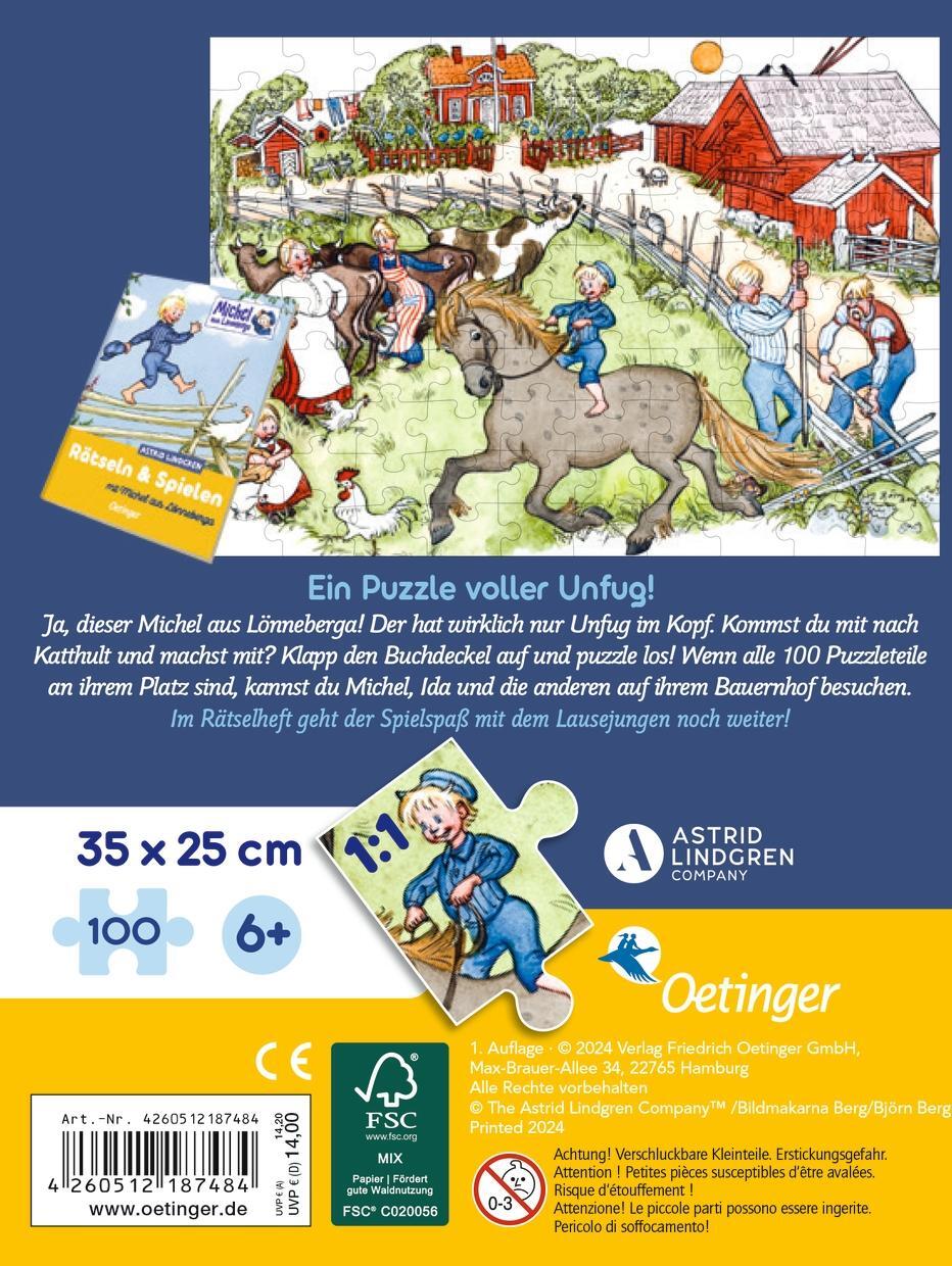 Rückseite: 4260512187484 | Michel aus Lönneberga. Puzzle im Buch. 100 Teile | Astrid Lindgren