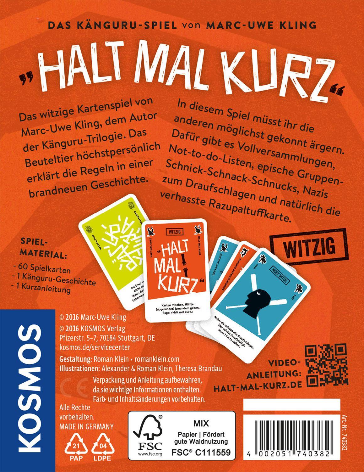 Rückseite: 4002051740382 | Halt mal kurz | Kartenspiel für 3 - 5 Spieler ab 8 Jahren | Kling