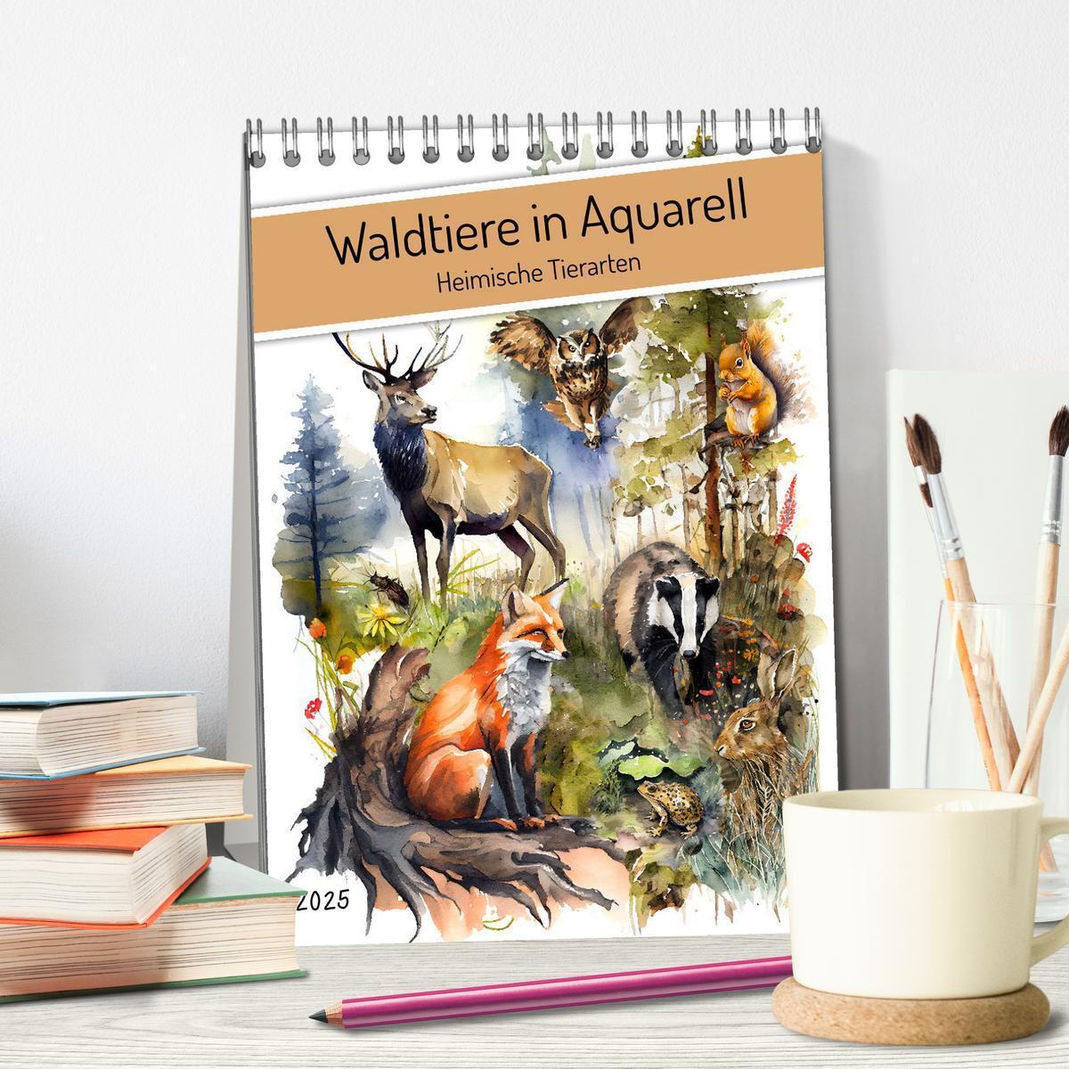 Bild: 9783435878789 | Waldtiere in Aquarell - Heimische Tierarten (Tischkalender 2025 DIN...