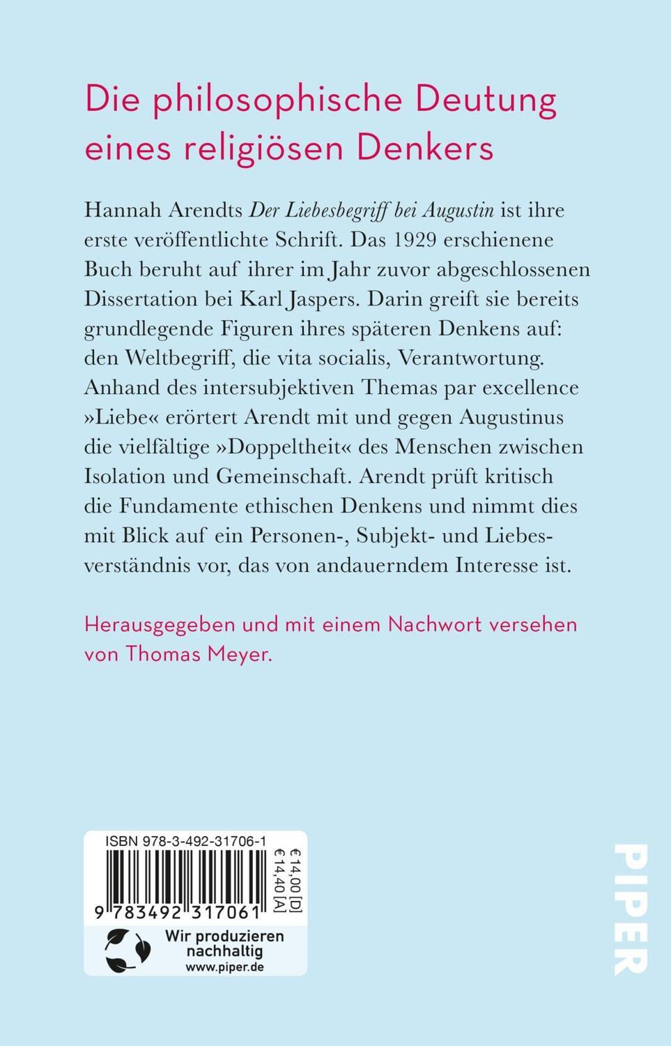 Rückseite: 9783492317061 | Der Liebesbegriff bei Augustin | Hannah Arendt | Taschenbuch | 192 S.