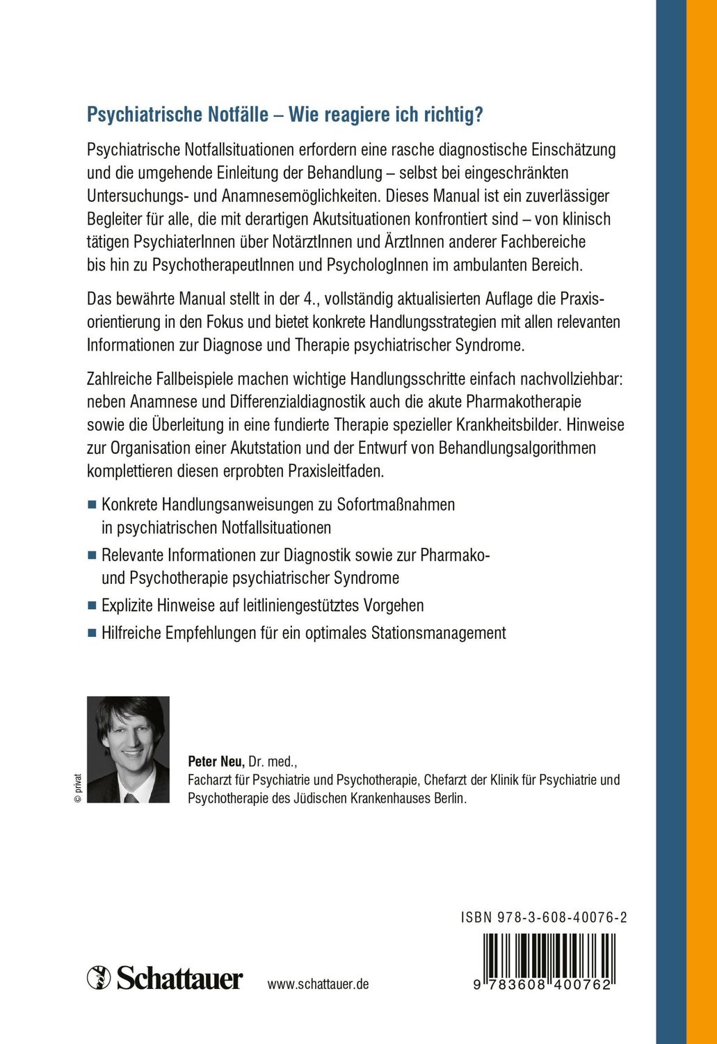 Rückseite: 9783608400762 | Akutpsychiatrie, 4. Auflage | Das Notfall-Manual | Peter Neu | Buch