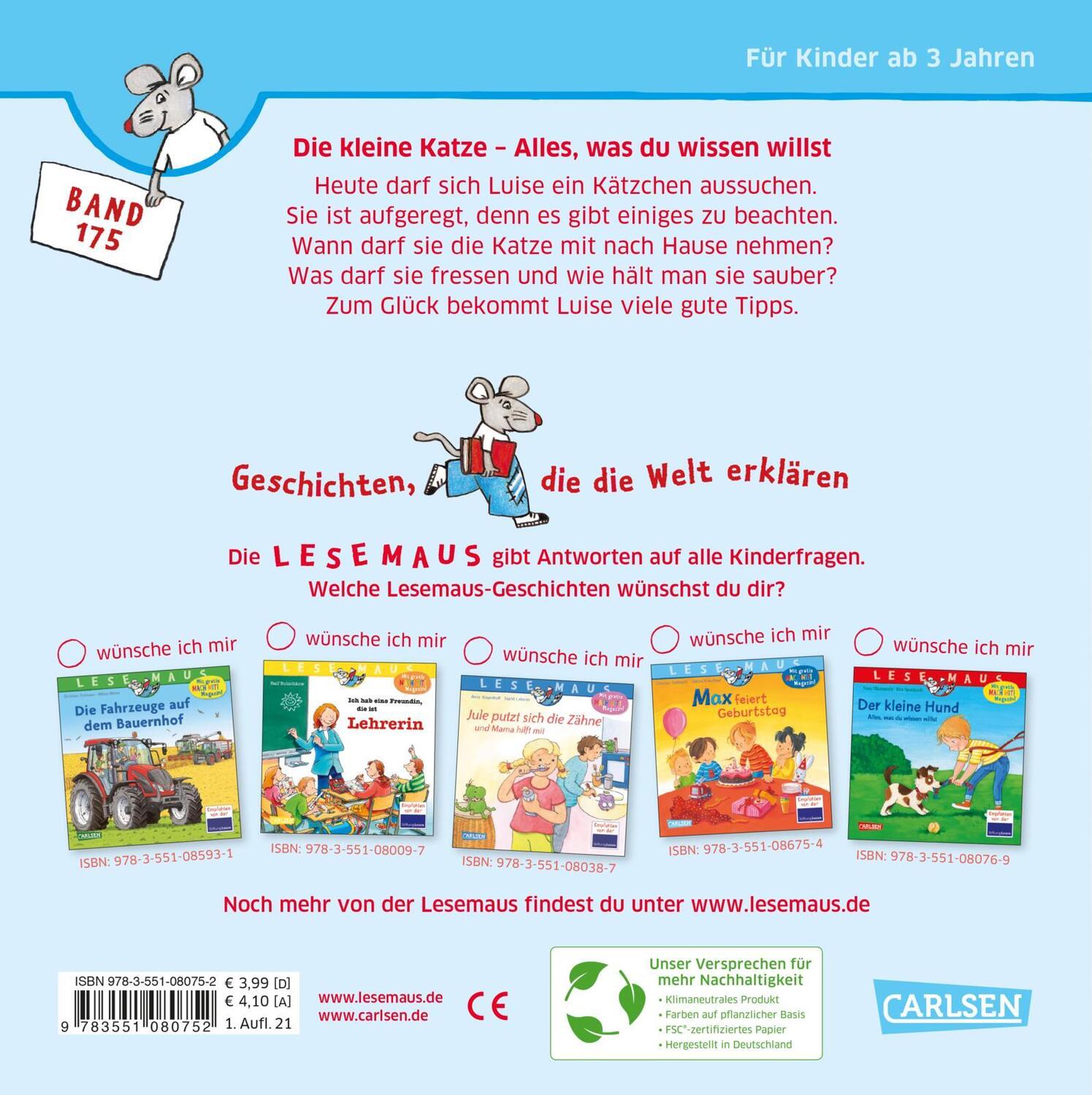 Rückseite: 9783551080752 | LESEMAUS 175: Die kleine Katze - alles, was du wissen willst | Buch