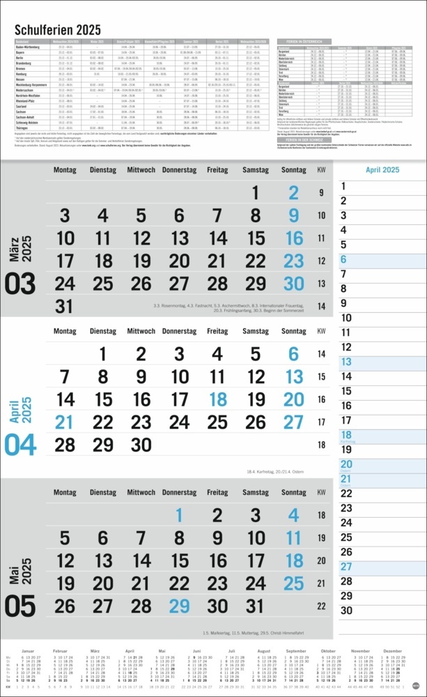 Bild: 9783756406647 | 3-Monats-Planer 2025 mit Klappfälzel mit Ferienterminen. | Kalender