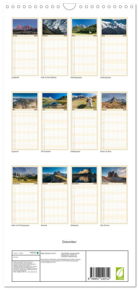 Bild: 9783457120712 | Familienplaner 2025 - Dolomiten mit 5 Spalten (Wandkalender, 21 x...