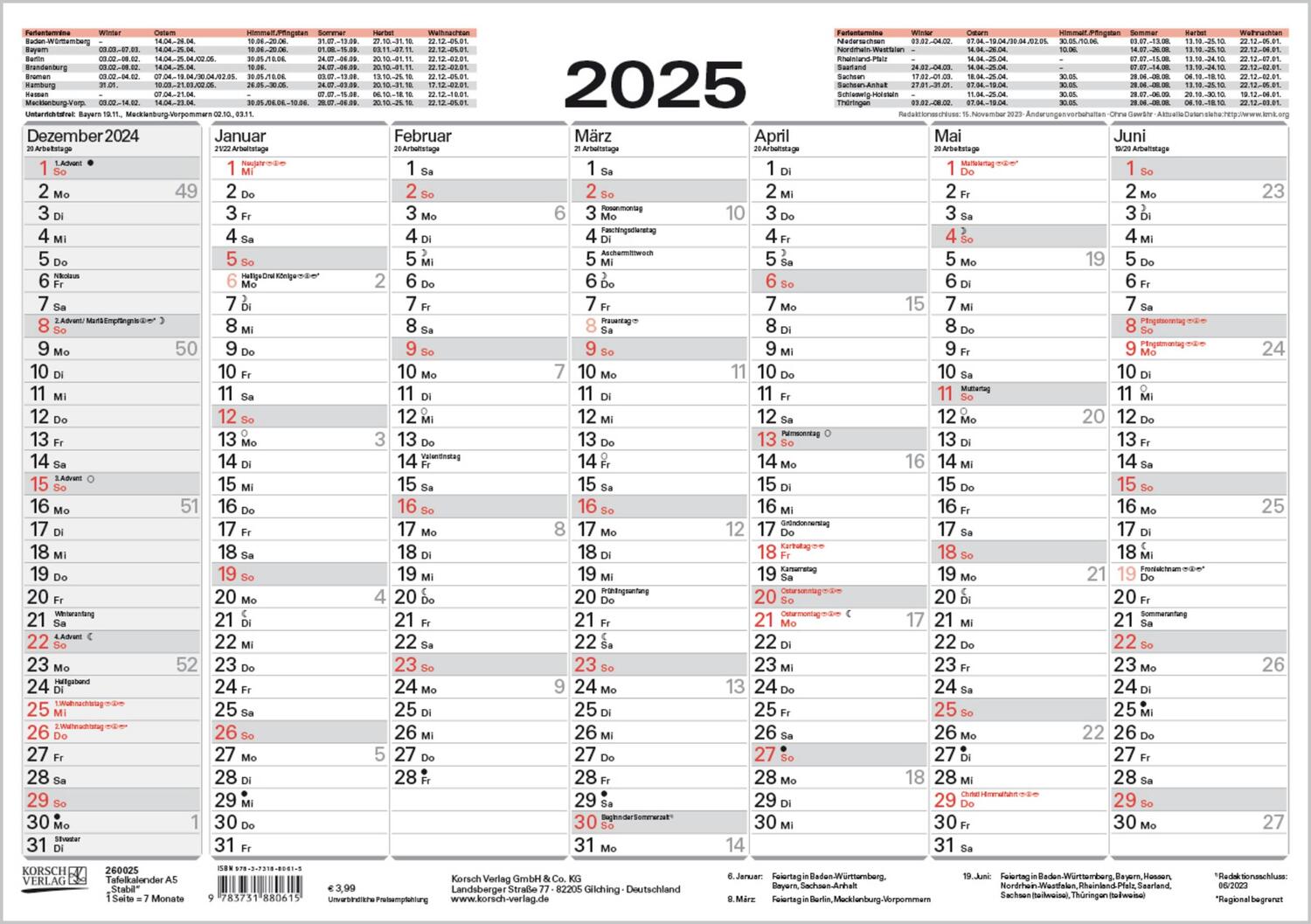 Cover: 9783731880615 | Tafelkalender A5 "Stabil" 2025 | Verlag Korsch | Kalender | 1 S.